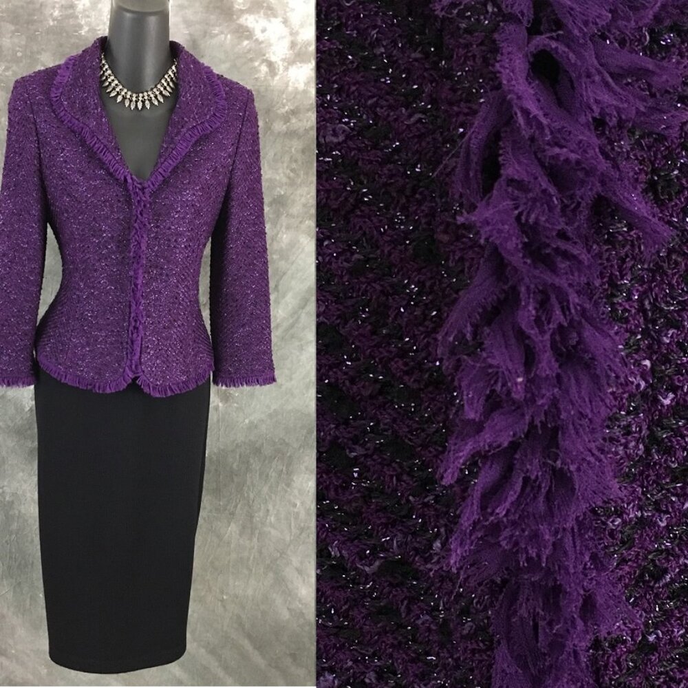 BEAUTIFUL St John knit purple black shimmer fringe jacket skirt suit 2